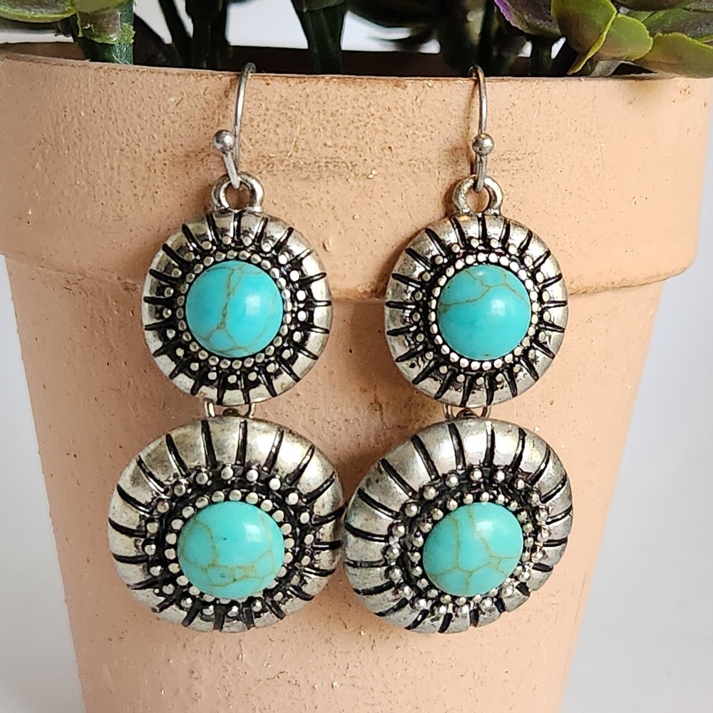 Womens Silver Turquoise Tiered Medallion Drop Earrings Southwestern‎ Boho 2 Inch